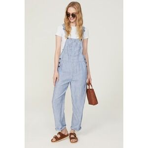 Faherty Linen Mechanic Overalls Blue White Stripe Size XL Jumpsuit